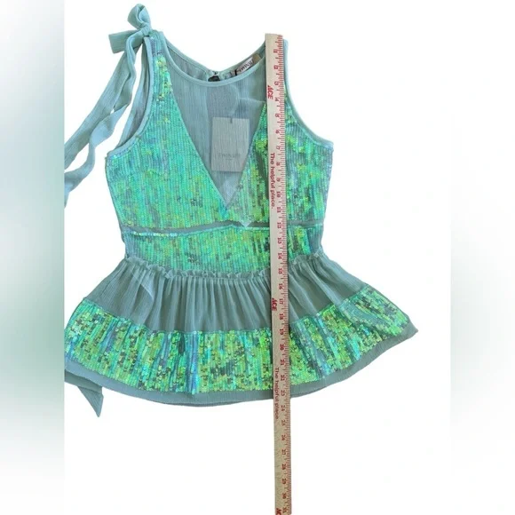 TWINSET Milano NWT Sequin Mesh Bow Tank Top Blouse Mint Green, Party, Sparkle S‍ - Picture 10 of 11